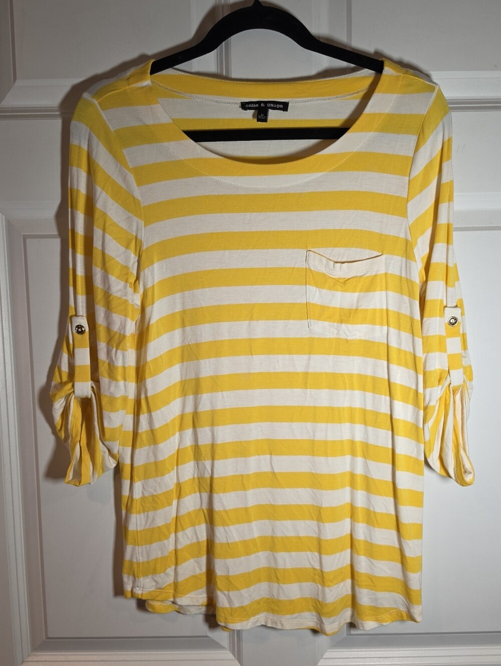 Cable & Gauge Yellow & White Striped Women’s Pocket Tee L